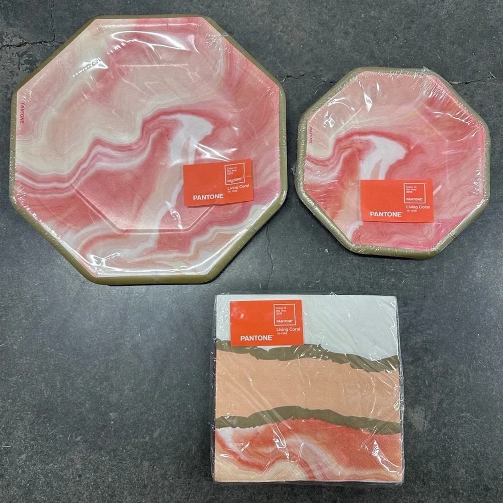 Pantone Living Coral Modern Garden Party Octagonal Plates & Napkins Set, MARBLE